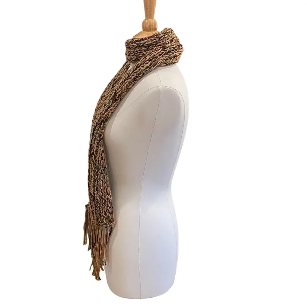 Hand Knit Warm Tones / Earth Tones Multicolor Skinny Scarf with Fringe